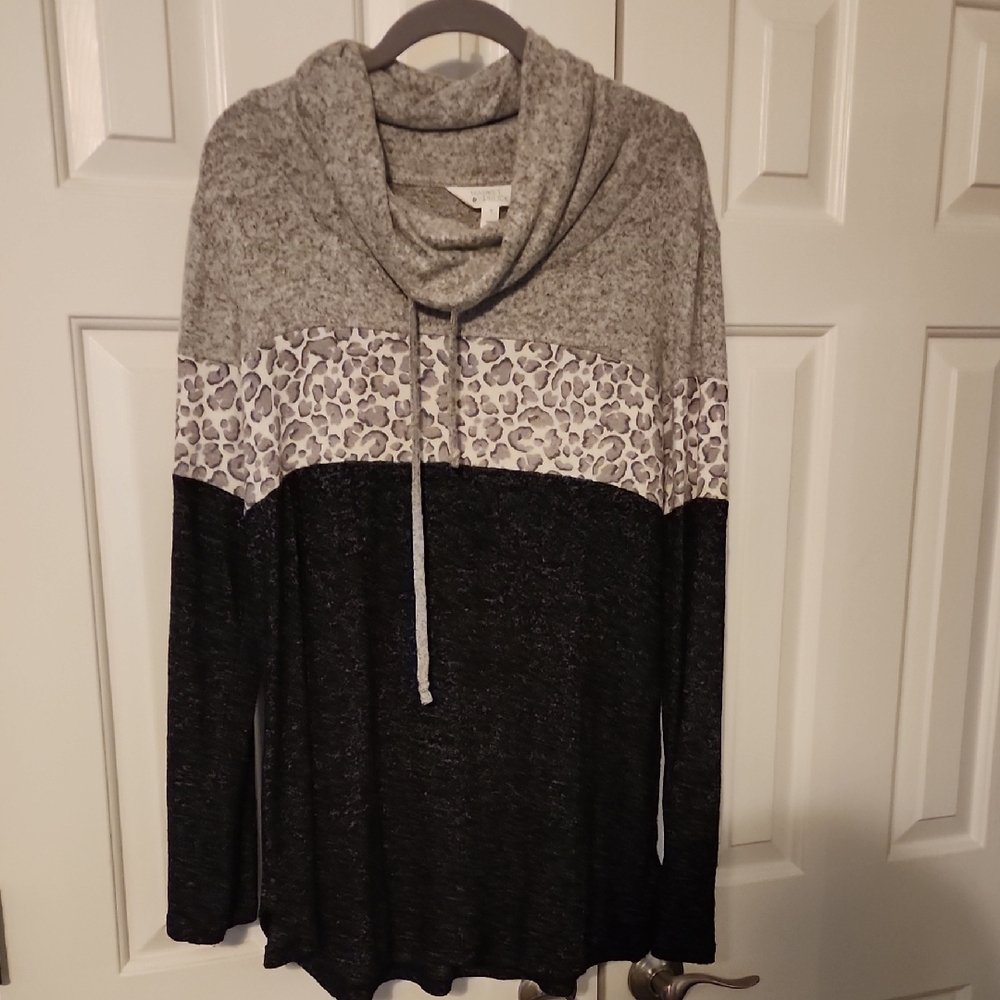 Market & Spruce Gray and Black Cowl Neck Sweater with Animal Print